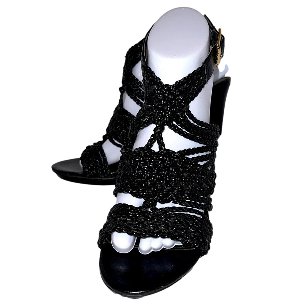 Lauren Ralph Lauren Holleen Black Braided Leather Sandal Heels Size 7B - EUC
